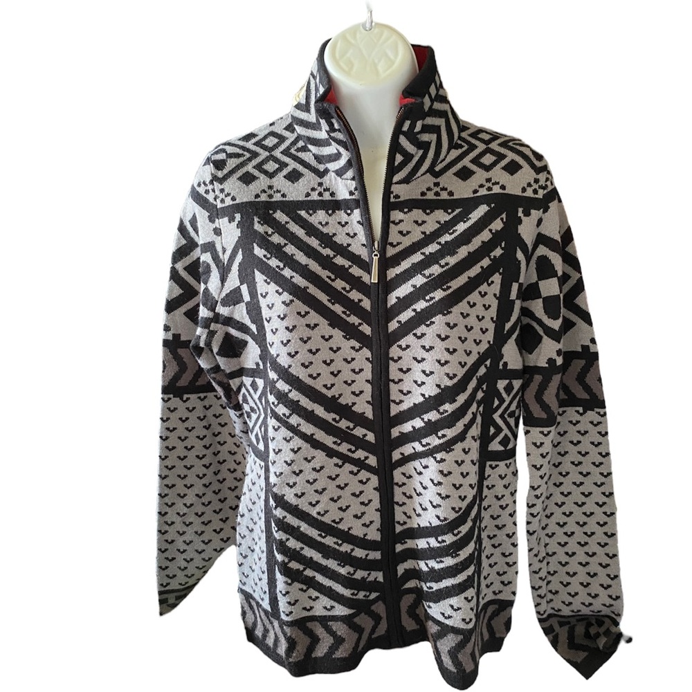 Icelandic design gray/black Aztec full zip & pockets, mock neck, L/S cardigan Sm